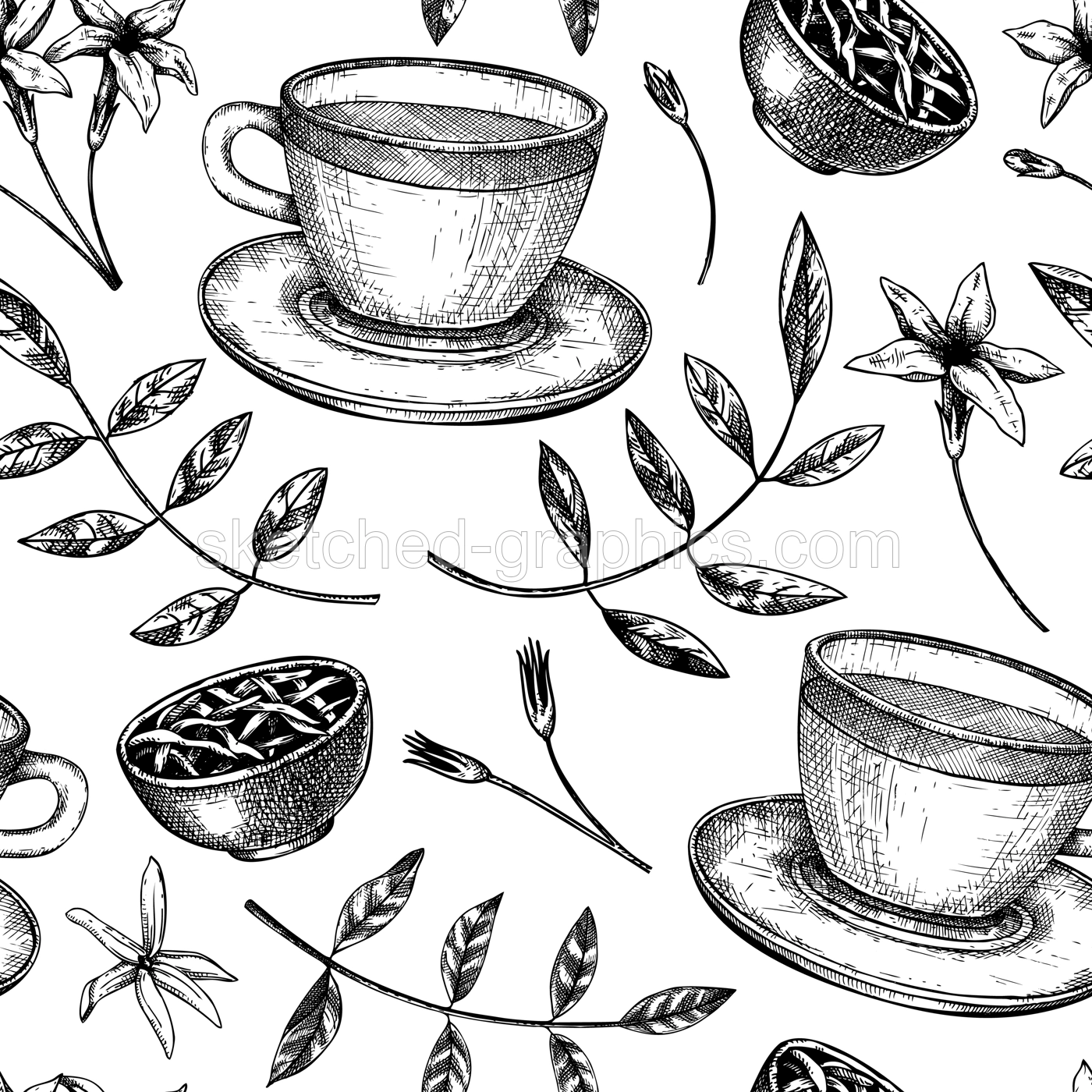 Jasmine tea seamless pattern. Vector background with sketched teacups, dried leaves, jasmine blossoms drawings. Green tea backdrop. Hot drinks design. Illustration